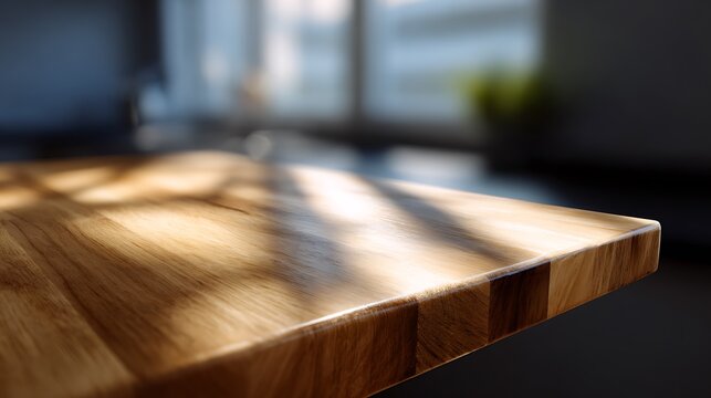 A close-up shot of a wooden table, with sunlight illuminating its textured surface. The image is taken at a low angle and it show the wood texture clearly