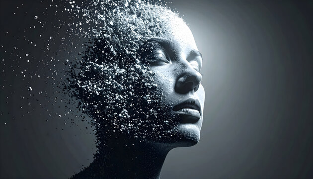 Fragmented face disintegrating into dispersing particles concept