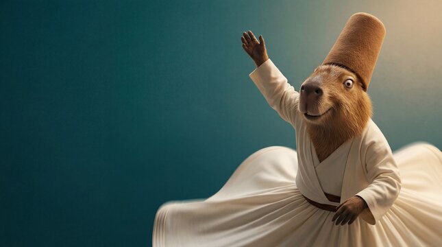 Anthropomorphic Whirling Dervish Capybara Performing Sufi Sema Dance Surreal Banner