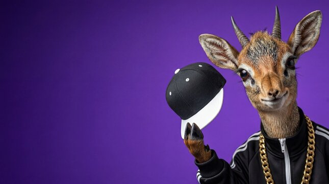 Anthropomorphic dik-dik in hip hop tracksuit balancing baseball cap on hoof
