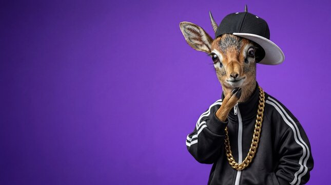 Pensive anthropomorphic dik-dik in hip hop tracksuit and gold chain on purple background