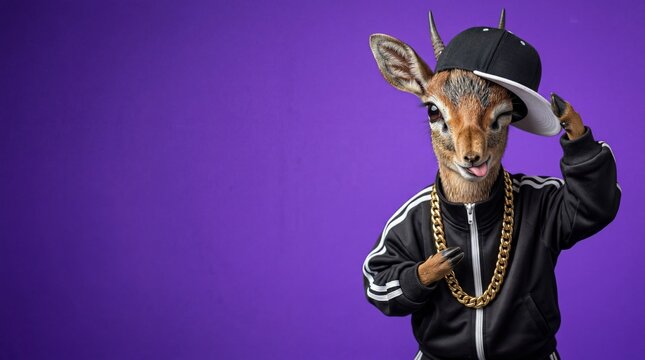 Anthropomorphic dik-dik in hip hop tracksuit tipping baseball cap on purple background