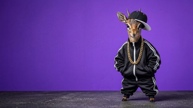 Anthropomorphic dik-dik in black tracksuit and gold chain on purple background