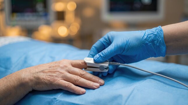 Medical professional in blue gloves attaches a pulse oximeter to the hand of a patient lying on a hospital bed with blue sheets and medical equipment in the background