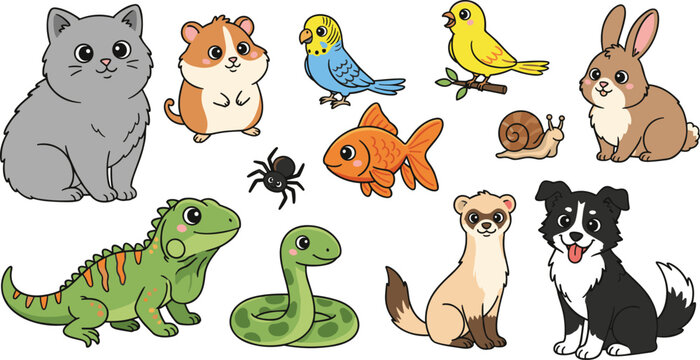 Colorful vector illustration of diverse pets and animals symbolizing companionship, variety, and playfulness