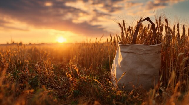 Canvas bag with wheat stalks standing in field at sunset