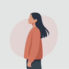 Minimalist profile portrait of a thoughtful woman in an orange sweater © naydesignsco