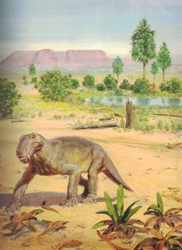 Lycaenops ornatus. Mammal-like reptiles from Southern African Upper Permian. Ancient reptile walks through a prehistoric landscape with a river and distant mesas. A large, quadrupedal reptile with