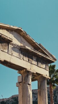 Roman Agora ruins in Athens, Greece, ancient historic landmark vertical portrait video
