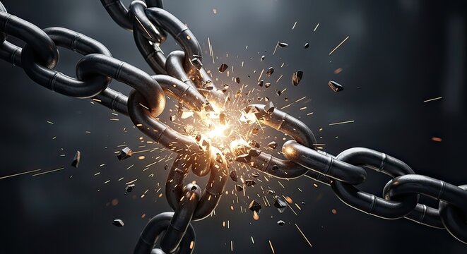 Dramatic Action of Chains Breaking in Industrial Setting, Close-up Photography of Metal Fracture Sparks