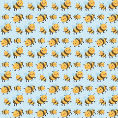 Fototapeta premium Seamless pattern with cute bees and honeycombs on blue background. Vector hand-drawn summer floral background.