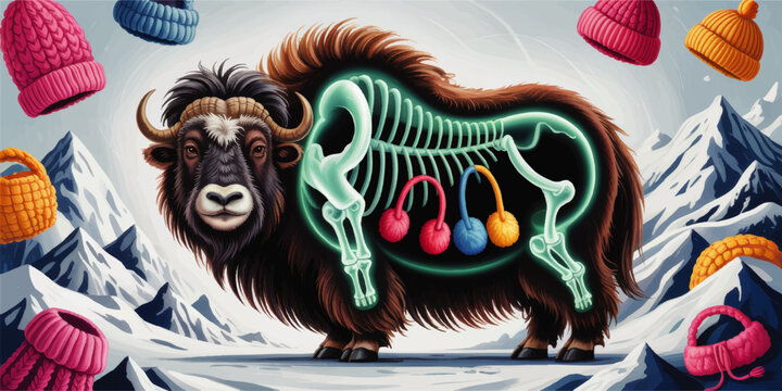 Anatomical yak illustration with glowing skeleton in snowy mountains, winter hats and wool accessories, surreal educational art