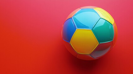Fototapeta premium Vibrant colorful soccer ball on a bright red background, digital art, 3D render