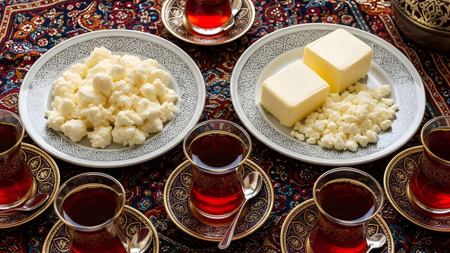 Traditional Turkish breakfast spread with kaymak cream, fresh butter blocks, and hot black tea in tulip glasses served on a decorative oriental rug, morning lifestyle