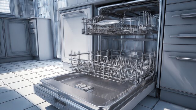 Dishwasher, in kitchen, appears open, clean, and empty.