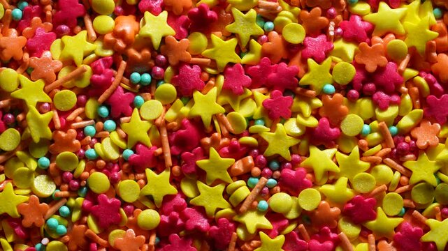 Bright mix of colorful sugar sprinkles in various shapes and sizes top view vibrant background ideal for baking decoration dessert design party and food branding concepts, close up, rotates
