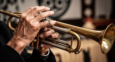 Fototapeta premium Close-up of a person playing a brass trumpet with both hands brass instrument close up detail view h