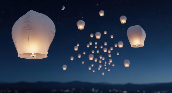a group of glowing lanterns flying through the night sky with a crescent moon night sky glowing lant