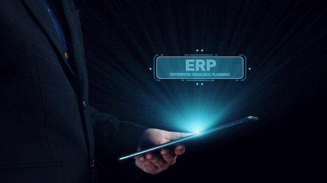 ERP platform visual showing centralized system for enterprise resource planning, improving integration, data flow, business efficiency, finance, inventory, and human resources. Elide