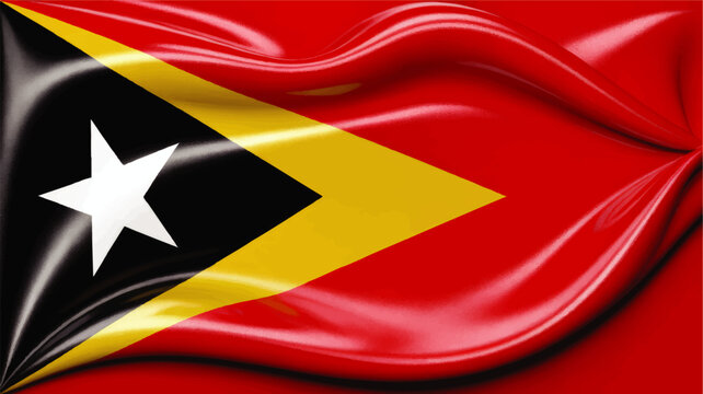Waving East Timor Flag Close Up, Glossy Fabric Texture with Red Black Yellow and White National Symbol Background