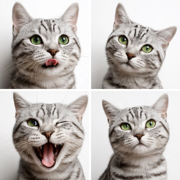 Collage of four portraits of a grey tabby cat with green eyes showing different emotions: licking, winking, yawning, and staring. High quality set representing pet moods and expressions