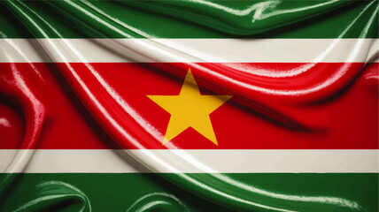 Obraz premium Suriname Flag Waving Fabric Texture Background with Green White Red Stripes and Yellow Star National Symbol Closeup