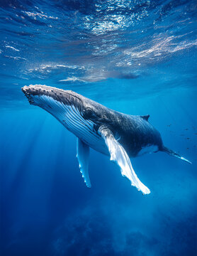 Majestic humpback whale swimming gracefully in the deep blue ocean water. Stunning underwater shot with sunlight rays filtering through the surface, showcasing marine wildlife