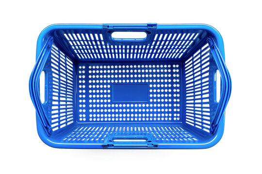Top view of an empty blue plastic laundry basket with a perforated pattern, isolated on a white background, representing household chores, organization, and storage solutions