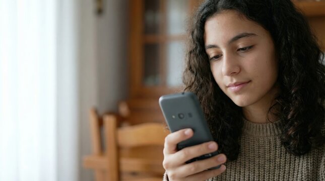 Southern European teenage girl using a simple dumbphone for mindful