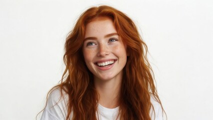 Naklejka premium Red haired woman smiling in white studio background