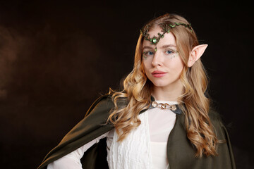 Obraz premium Beautiful girl dressed as elf on dark background with smoke