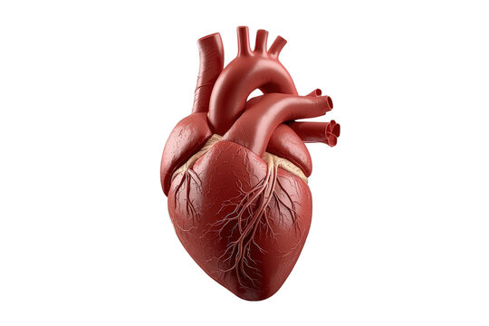 Human heart model, a vital organ pumping blood, illustrating complex anatomical structure and healthy cardiology on clear background
