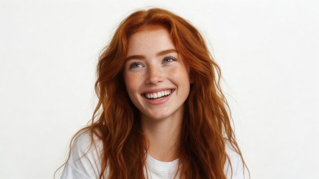Red haired woman smiling in white studio background