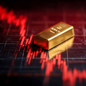 Gold bar on a red falling stock market chart background. Concept of financial crisis, inflation hedge, and gold price analysis during economic downturn and stock market crash