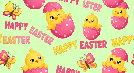 Naklejka premium Vibrant Easter eggs nestled in lush green grass, a cheerful spring meadow adorned with bright yellow daffodils, festive holiday celebration, seasonal floral display.