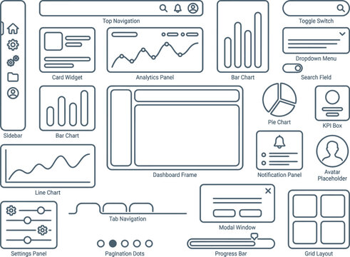 A comprehensive collection of user interface wireframe elements for modern web and mobile application design