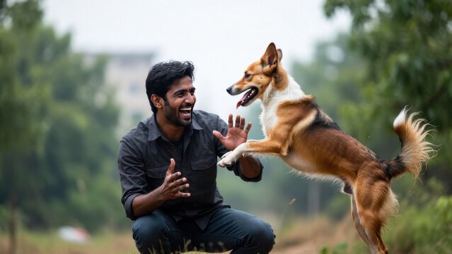 Man training jumping dog in urban park pathway outdoors