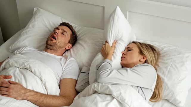 This captures a common domestic scene of a man snoring in bed while his wife lies awake, looking frustrated and annoyed. The couple is in a white bedroom, highlighting the contrast between peaceful