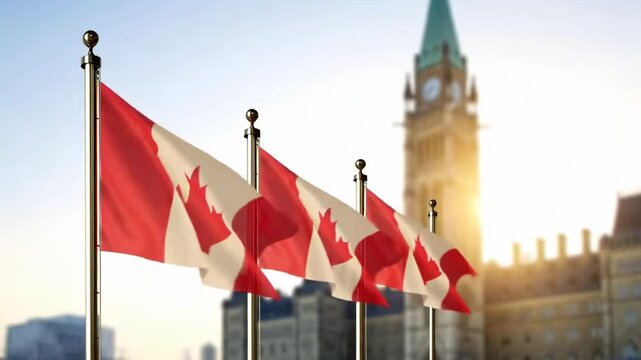 This features the Canadian flags waving gently in the wind, set against the stunning backdrop of the Parliament building in Ottawa. The serene atmosphere is enhanced by the warm glow of a setting sun.