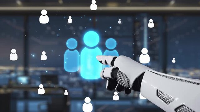 A robotic arm gestures towards glowing human silhouettes, symbolizing the connection between technology and humanity in a modern office setting with a city view. Auvana