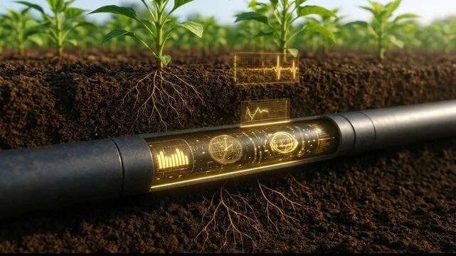 Advanced agricultural technology showing a smart pipe system monitoring soil and plant health with futuristic data visualizations