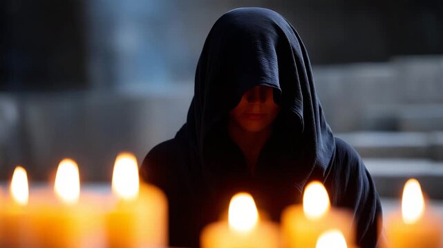 Mysterious cloaked person in shadow with candlelight creating eerie spiritual atmosphere. hooded person, candlelight, mystery, occult, dark, ritual, spiritual, enigmatic, meditation, moody, dramatic l