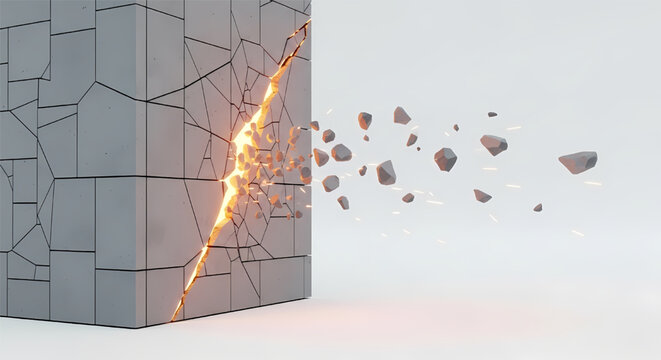 Exploding concrete block with flying debris and fiery explosion on a white background its illustration only