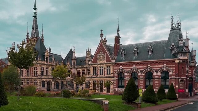 Distillery in the Gothic Renaissance Benedictine Palace, Fecamp, Normandy region, France, October 15, 2025. High quality 4k footage