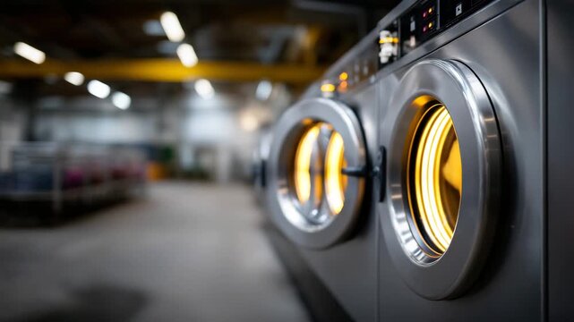 Close-up perspective of industrial washing machines in a large professional laundry center, brushed stainless steel finish, high-capacity drum doors, organized facility layout