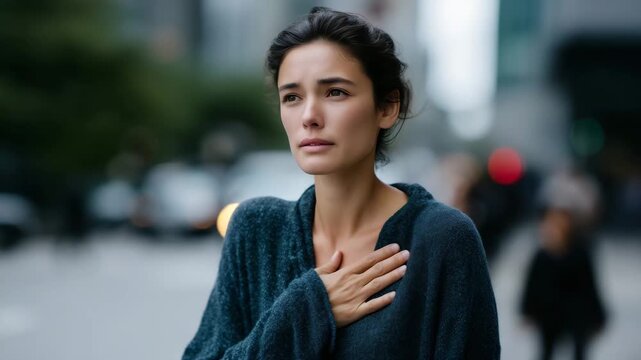 Distressed woman standing alone in a crowded city street, hands slightly raised near face, overwhelmed by panic and anxiety, blurred pedestrians rushing past, tall urban