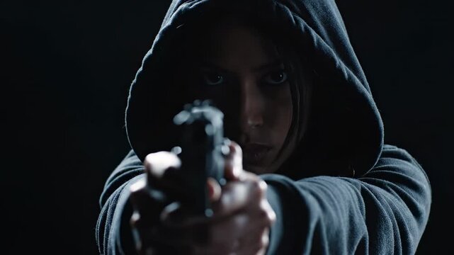 This captures a tense moment of a hooded individual holding a gun and aiming it straight at the camera, set against a dark backdrop that amplifies the sense of danger and fear.
