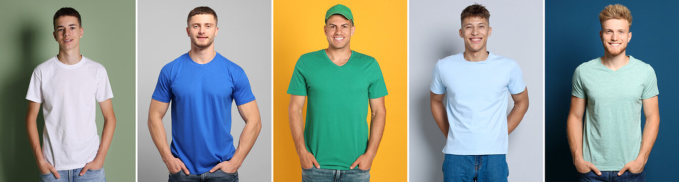 Many men in different t-shirts on colorful backgrounds. Collage of portraits