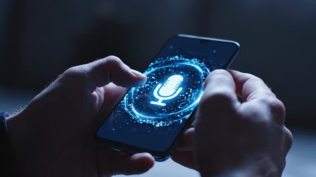 This shows a person interacting with a smartphone in a dark room, highlighting the device's voice assistant feature with a glowing microphone icon on the screen.