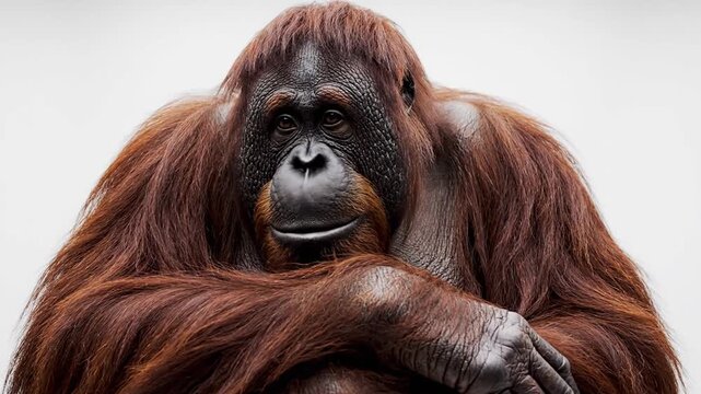 Adult orangutan with long reddish-brown fur and dark facial features sitting with arms crossed over knees, isolated on a bright white studio background, looking directly forward.
